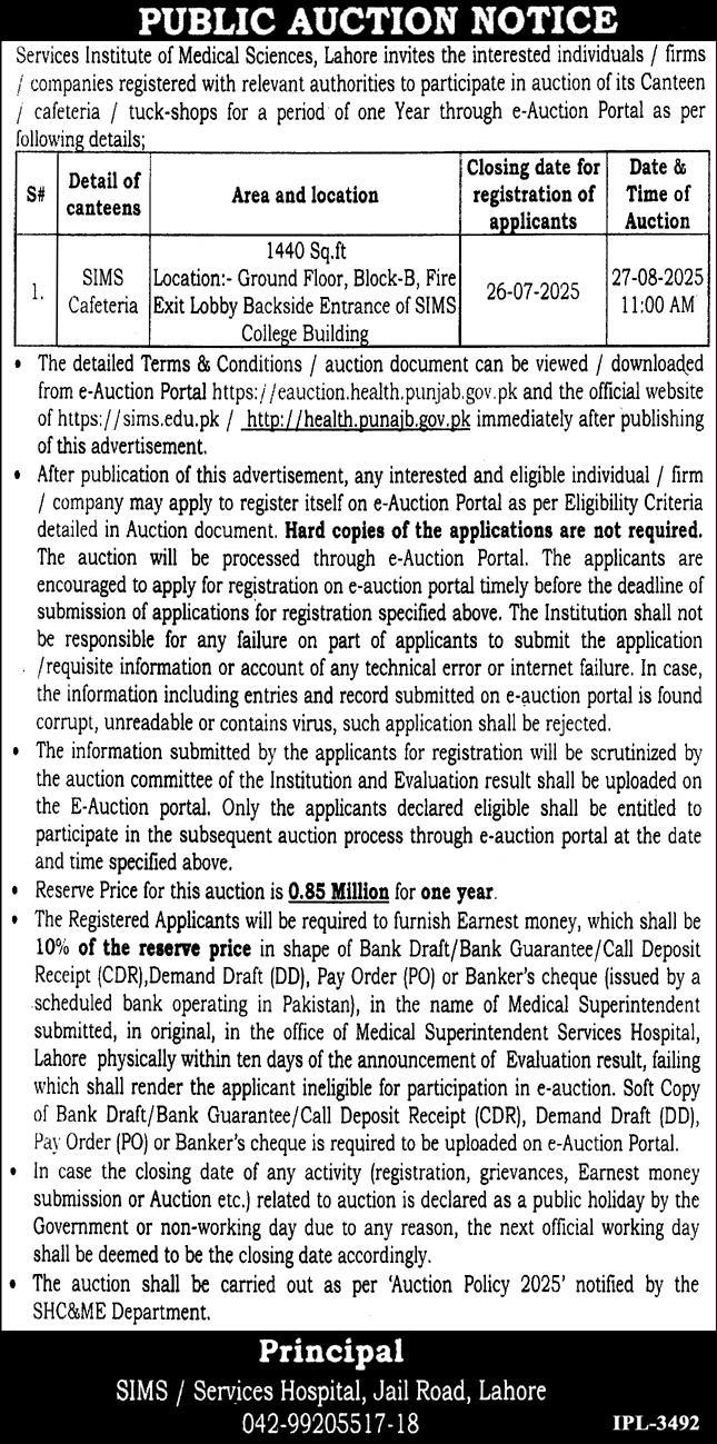 Services Hospital Lahore Tender Notice
